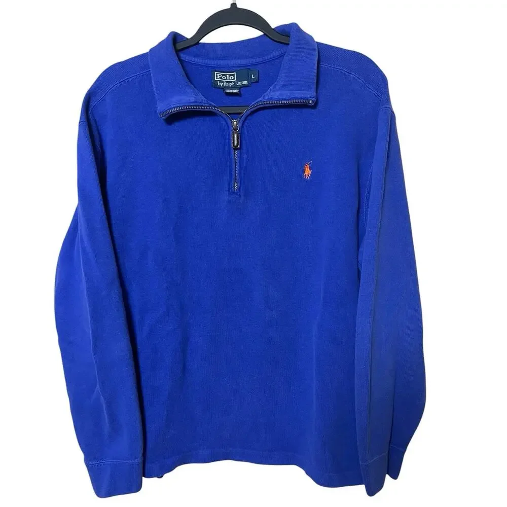 VTG Polo Ralph Lauren Large Estate Rib Royal Blue 1/4 Zip Preppy Coastal